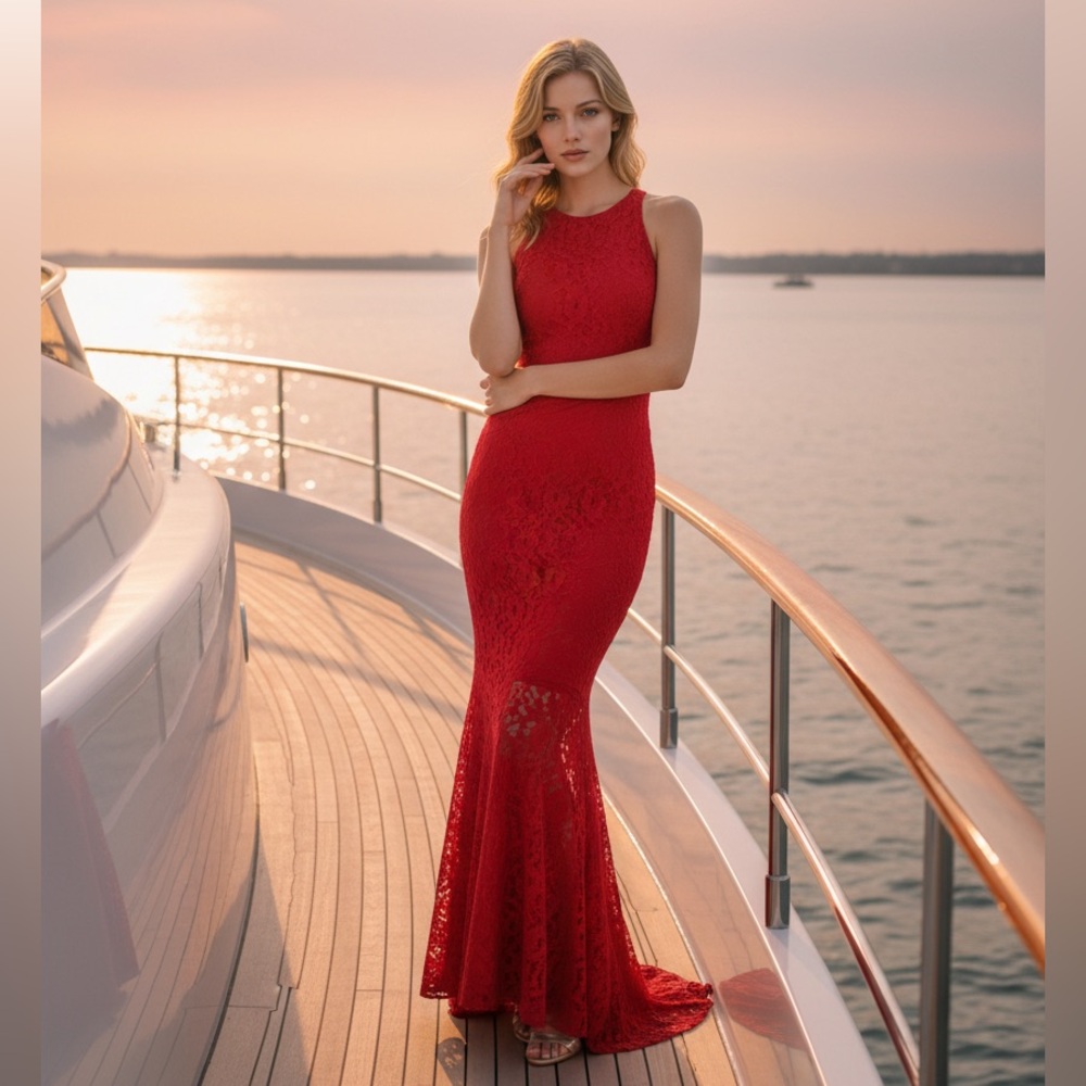 SAU Red Sleeveless Lace Bodycon Designer Gown 10